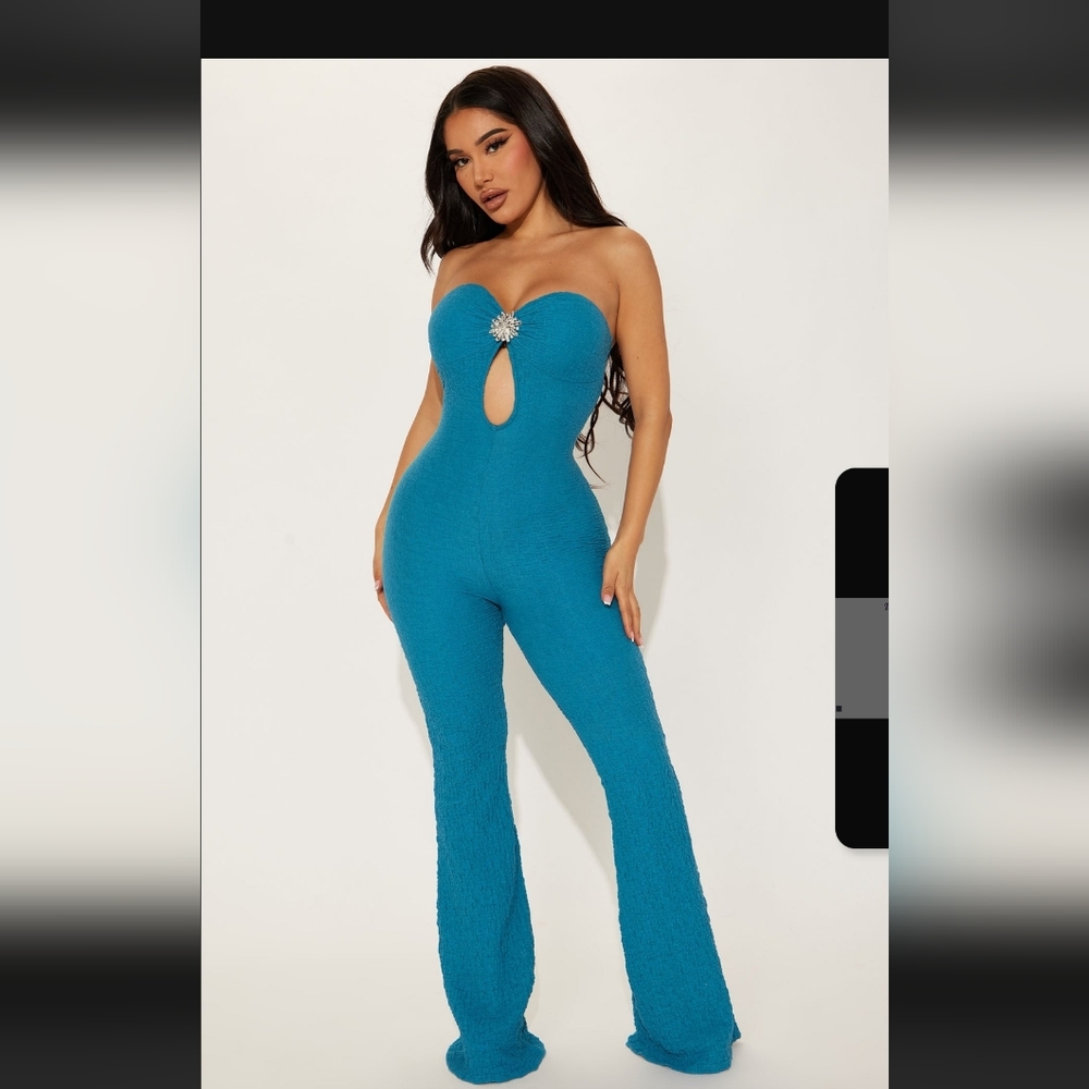 Teal Textured Strapless Jumpsuit